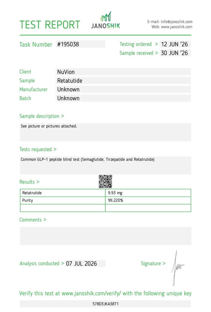 Janoshik Analytical certificate of analysis for NuVion Retatrutide, 99.22% purity