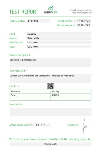 Janoshik Analytical certificate of analysis for NuVion Retatrutide, 99.22% purity