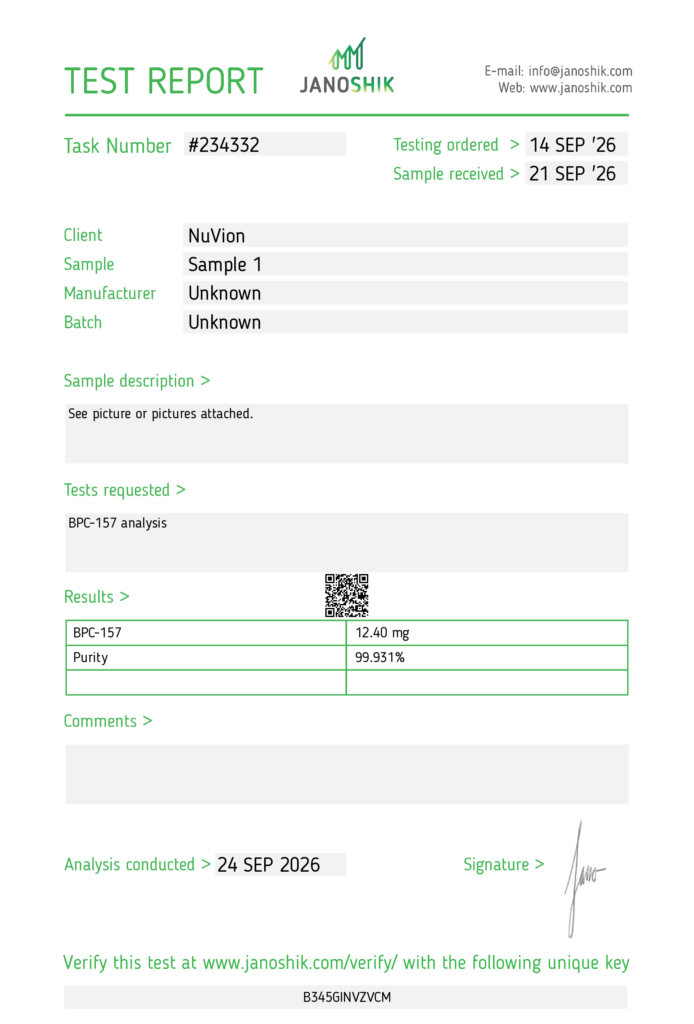 BPC-157 certificate of analysis from Janoshik Analytical, test 234332, 99.93% purity