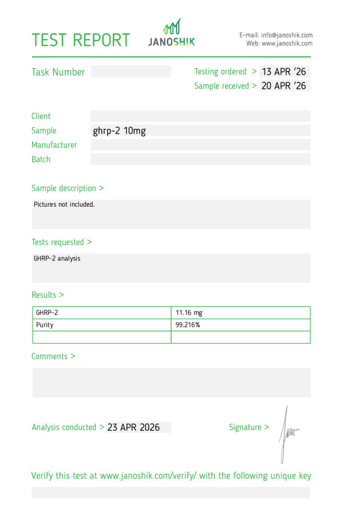 Janoshik test report, GHRP-2, purity 99.216%
