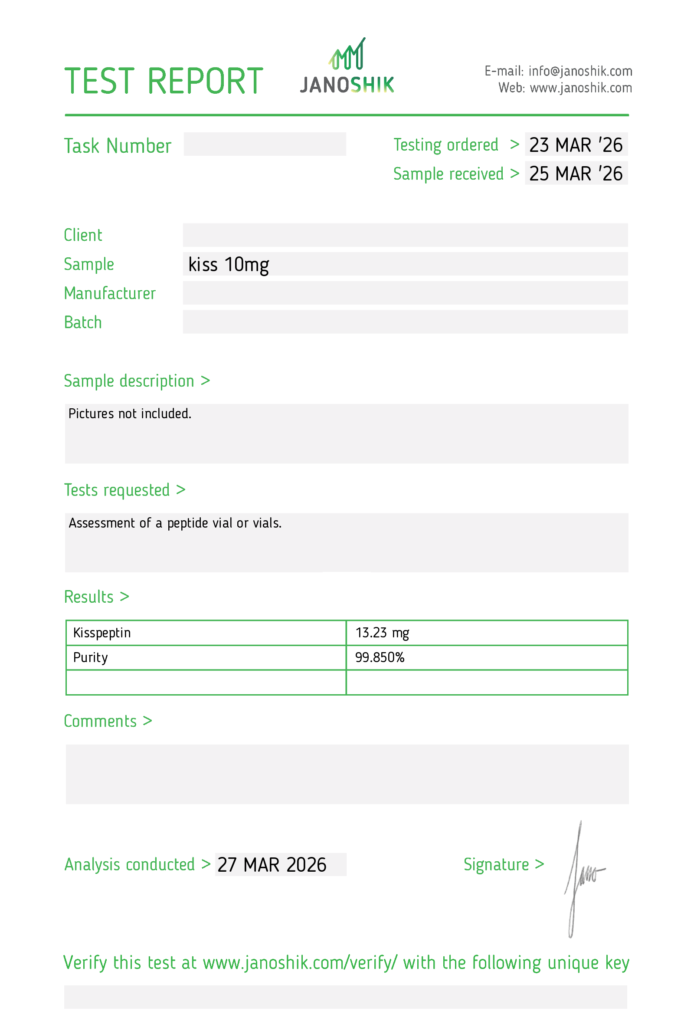 Kisspeptin certificate of analysis from Janoshik Analytical, 99.85% purity
