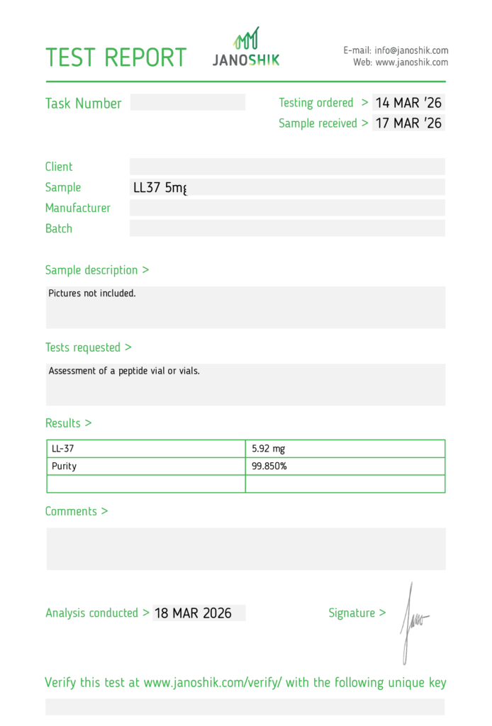 Janoshik test report, LL-37, purity 99.850%