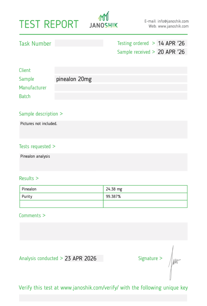 Pinealon certificate of analysis from Janoshik Analytical, 99.39% purity