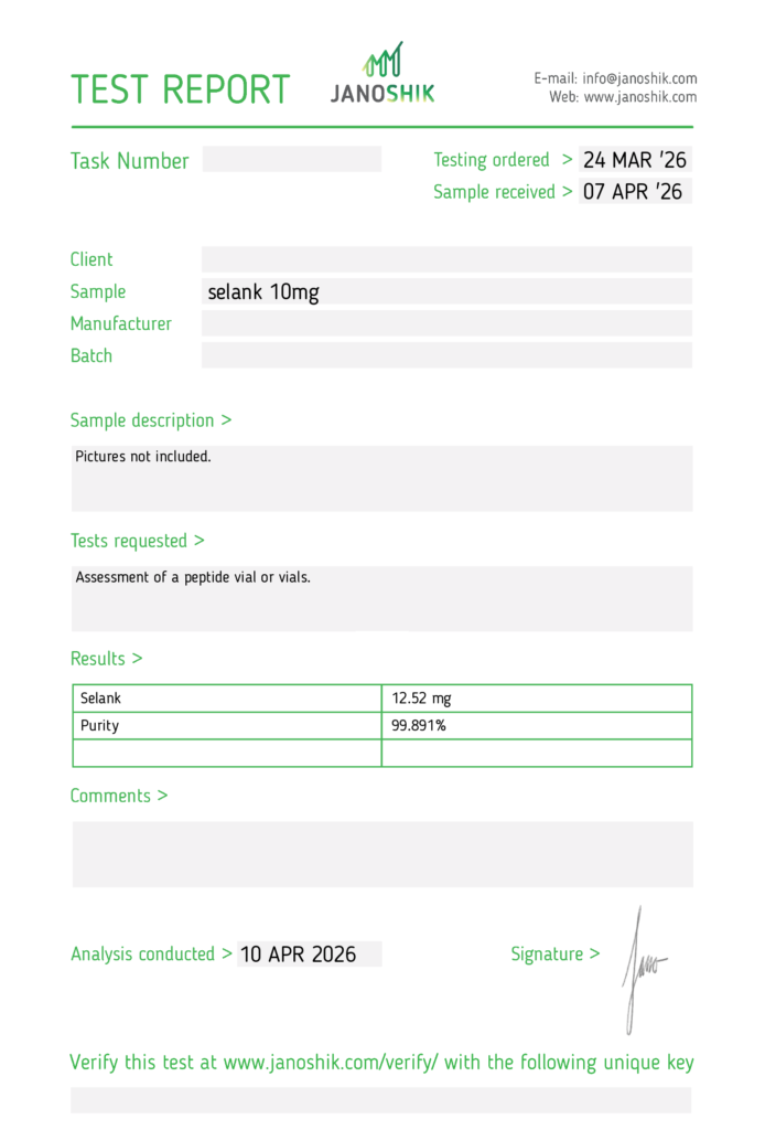 Selank certificate of analysis from Janoshik Analytical, 99.89% purity