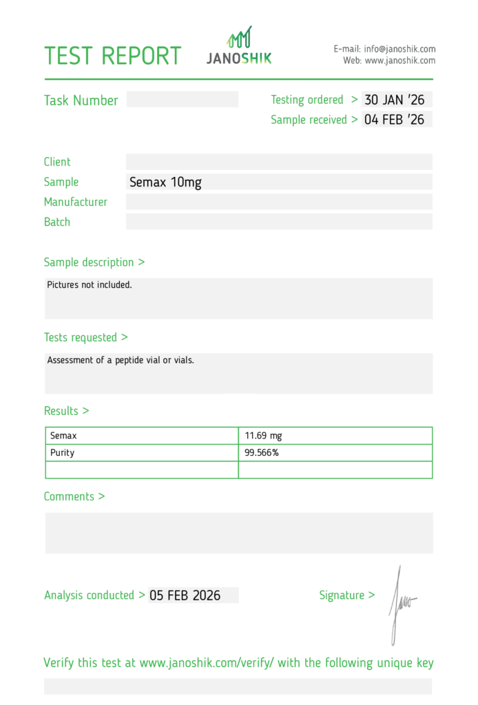 Semax certificate of analysis from Janoshik Analytical, 99.57% purity