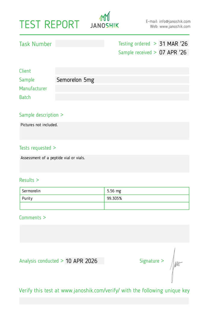 Sermorelin certificate of analysis from Janoshik Analytical, 99.31% purity