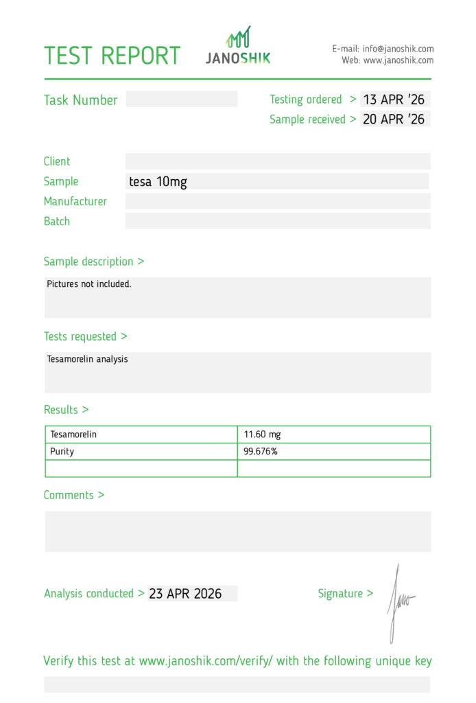 Janoshik test report, Tesamorelin, purity 99.676%