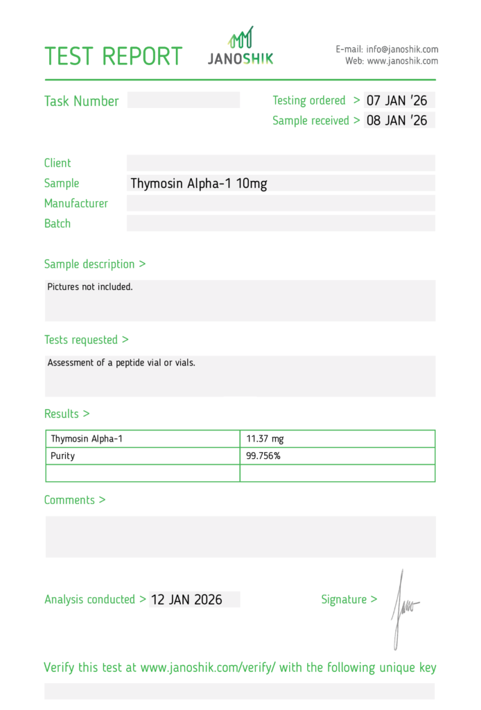 Thymosin Alpha-1 certificate of analysis from Janoshik Analytical, 99.76% purity