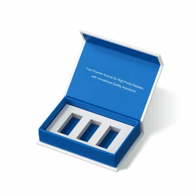 Blue three-vial storage box, open